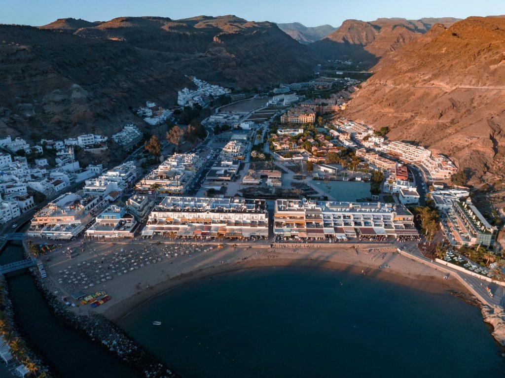 Aerial view of Puerto de Mogán at sunset on the southwest coast of Gran Canaria